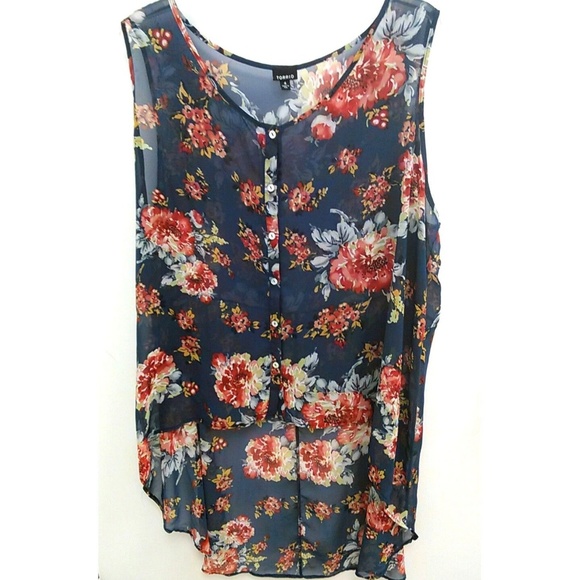 torrid Tops - Torrid Tunic Button Down Floral Hi-Lo Red Blue
